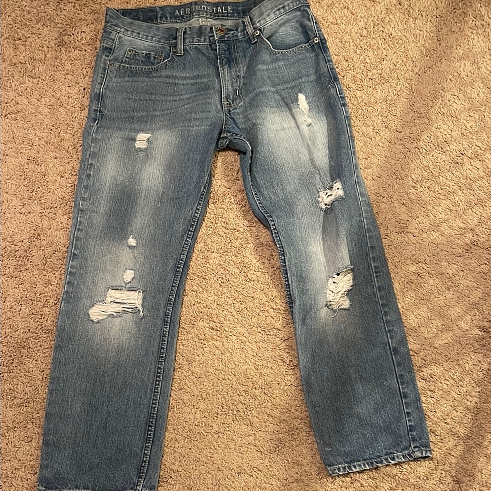 Aeropostale Men's Relaxed Fit Ripped Blue Jeans